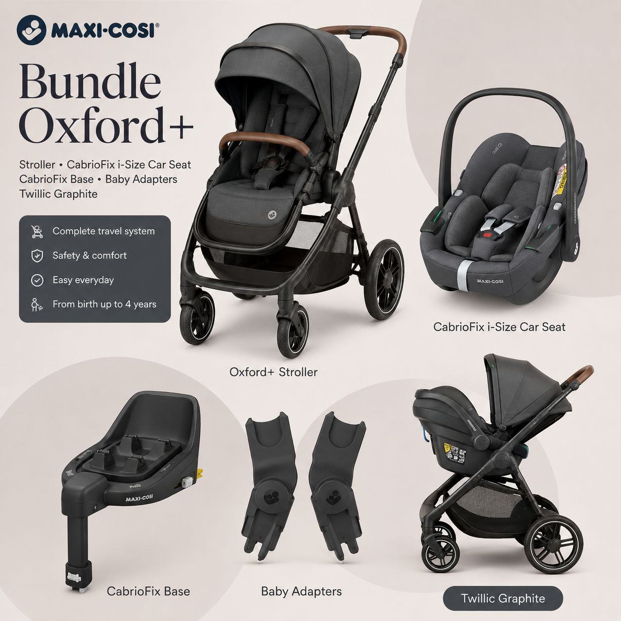 Maxi-Cosi - Oxford+ Stroller - CabrioFix i-size Car Seat - CabrioFix Base - Baby Adapters