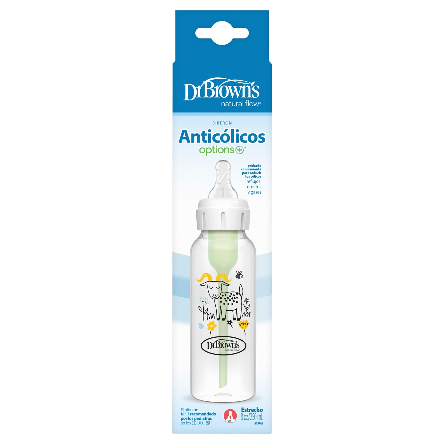 Dr Brown's Anti-Colic Options+ Narrow Baby Bottle 250ml Single Bottle With Level 1 Slow Flow Nipple - Goat Design