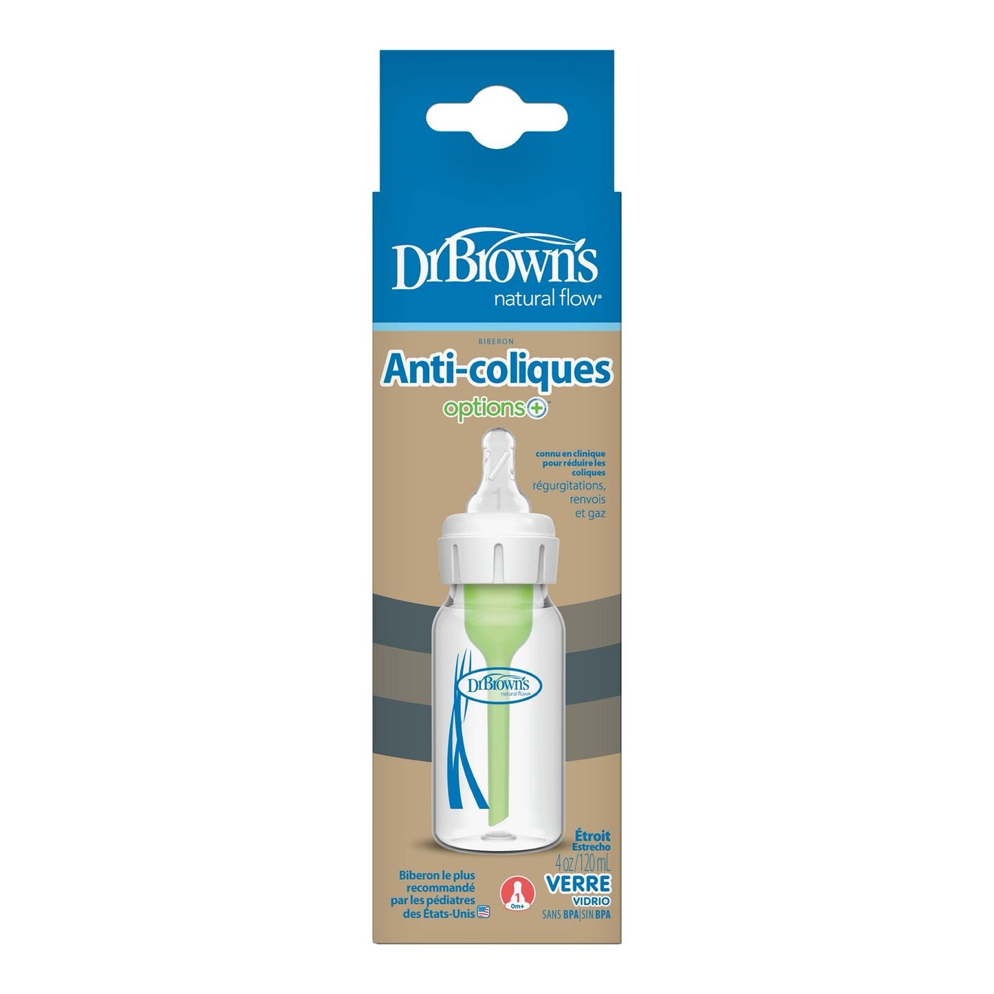 Dr. Brown's Natural Flow Anti-Colic Options+ Narrow Glass Baby Bottle 120 ML, with Level 1 Slow Flow Nipple