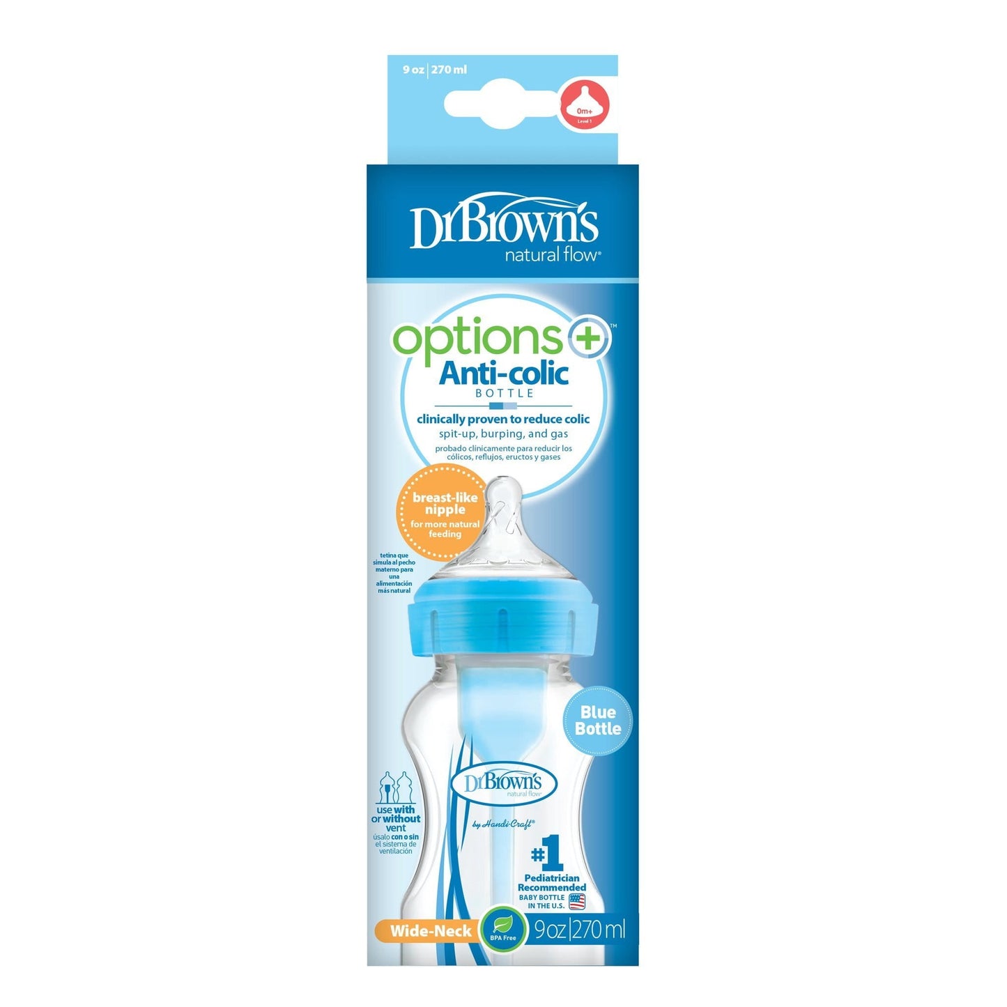 . Brown's 270 ml Options+ Anti-Colic+W/N Bottle With Level 1 Teat , Blue