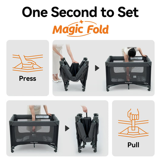 Miila - 3in1 Magic Fold Baby Playpen & Bassinet - Portable - One Hand Fold - Breathable Mesh - Dark Grey