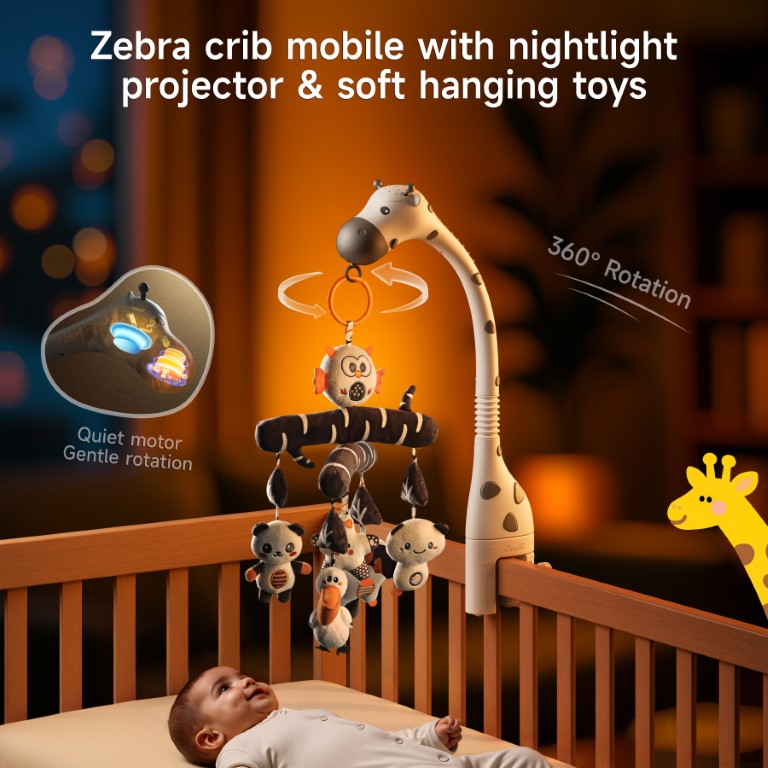 Tumama Kids - Zebra Crib Mobile With Bleutooth - AA Battery Version- Black And White