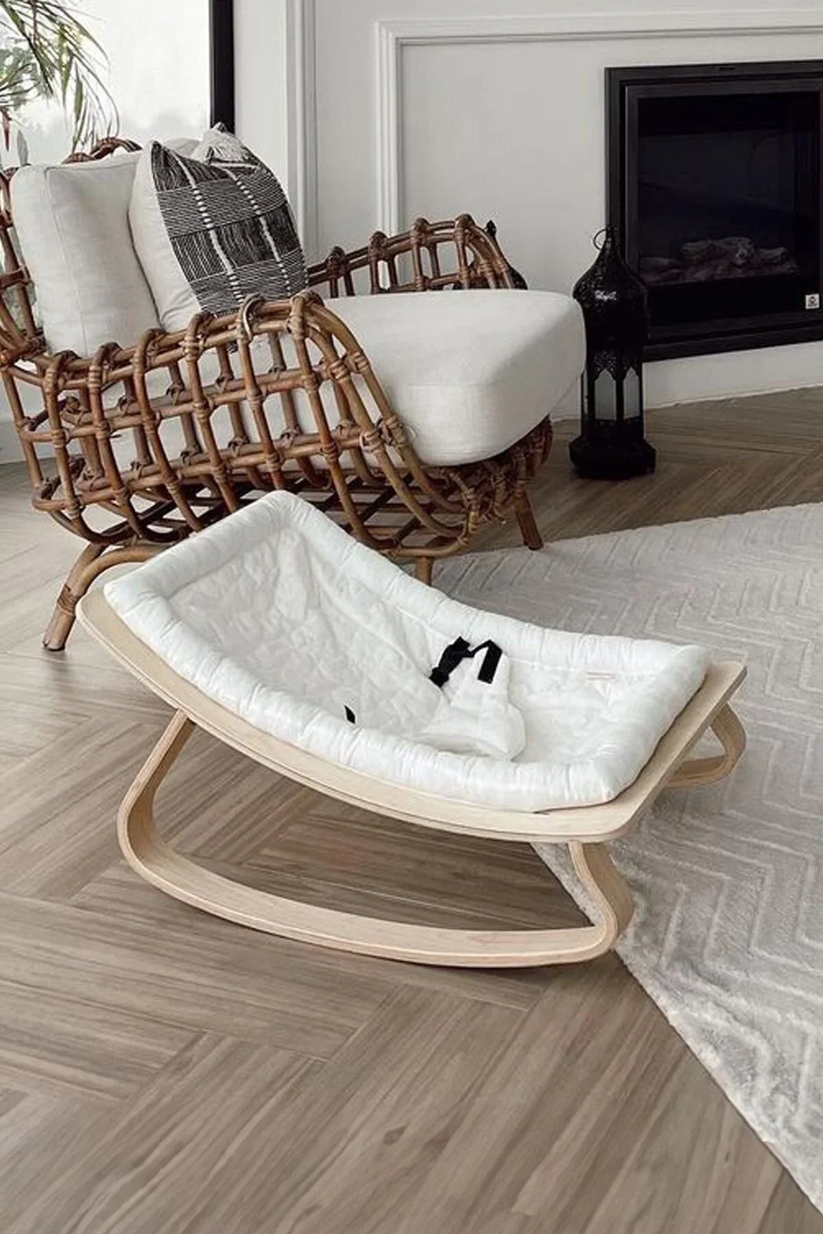 Miila Nest Wooden Baby Rocker – Natural Infant Lounger with Soft Padded Seat