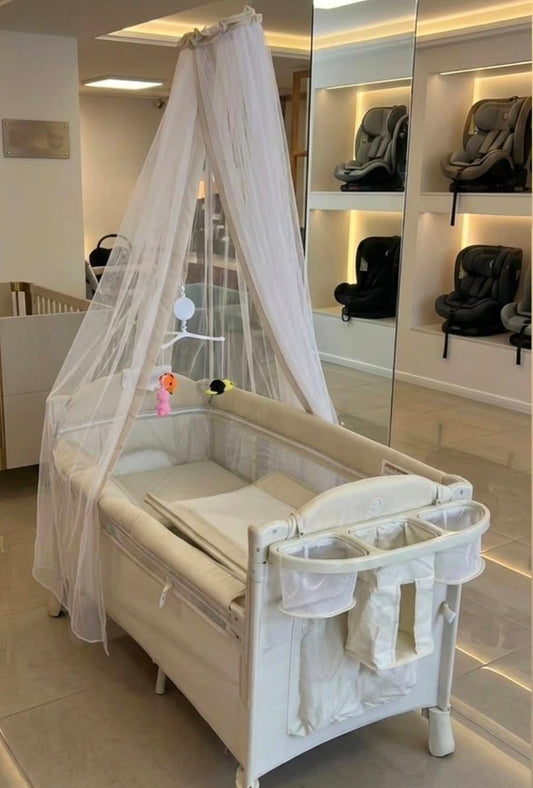 Miila - Spain Deluxe - 2in1 Next To Me & Baby Crib - Birth Up To 4 Years - (Musical Mobile , Changing Mat , Storage Basket , Mosquito Net ) - Beige