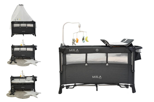 Miila - Travel Cot Foldable Playpen With Mobile - Dark Grey