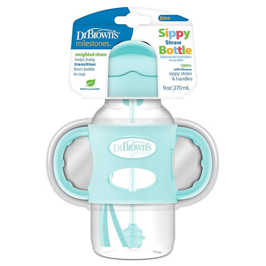 Wide Neck Sippy Straw Bottle + Handles 270 ML 6m+ , Green