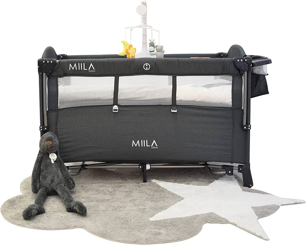 Miila - Travel Cot Foldable Playpen With Mobile - Dark Grey