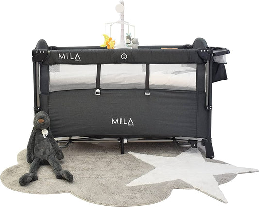 Miila - Travel Cot Foldable Playpen With Mobile - Dark Grey
