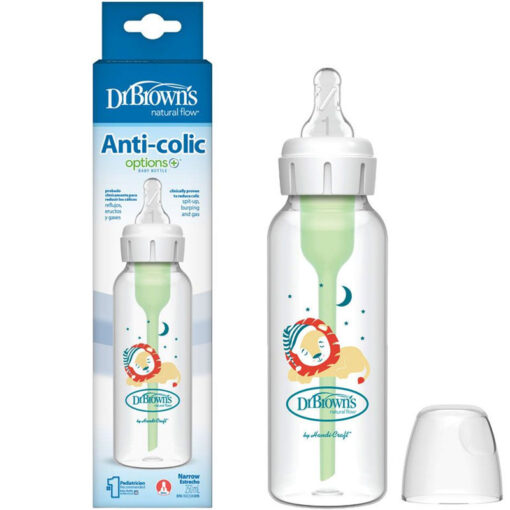 rown's Anti-Colic Options+ Narrow Baby Bottle 250ml Single Bottle With Level 1 Slow Flow Nipple -Lion Design