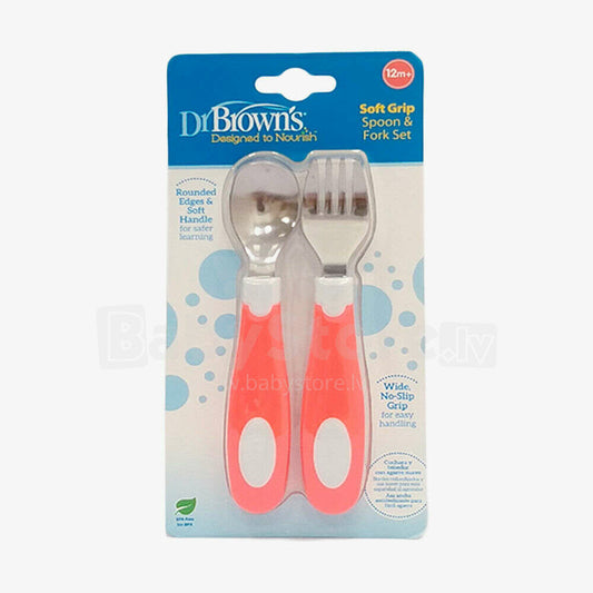 Soft-Grip Spoon and Fork Set 12m+ , 2 Pack Coral