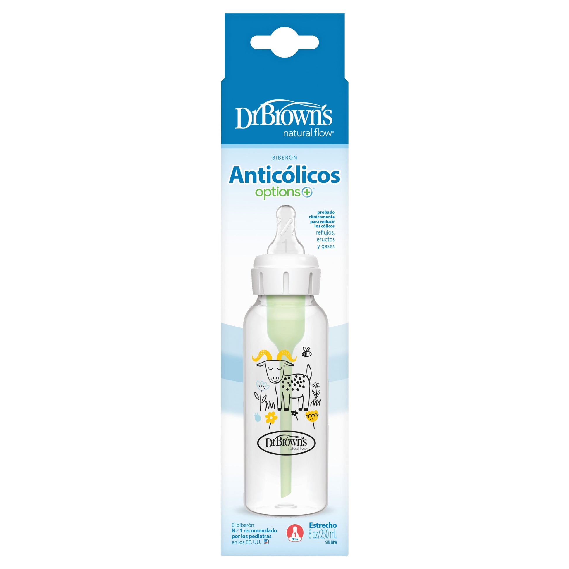 Dr Brown's Anti-Colic Options+ Narrow Baby Bottle 250ml Single Bottle With Level 1 Slow Flow Nipple - Goat Design