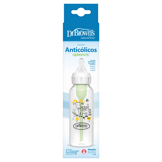 Dr Brown's Anti-Colic Options+ Narrow Baby Bottle 250ml Single Bottle With Level 1 Slow Flow Nipple - Goat Design