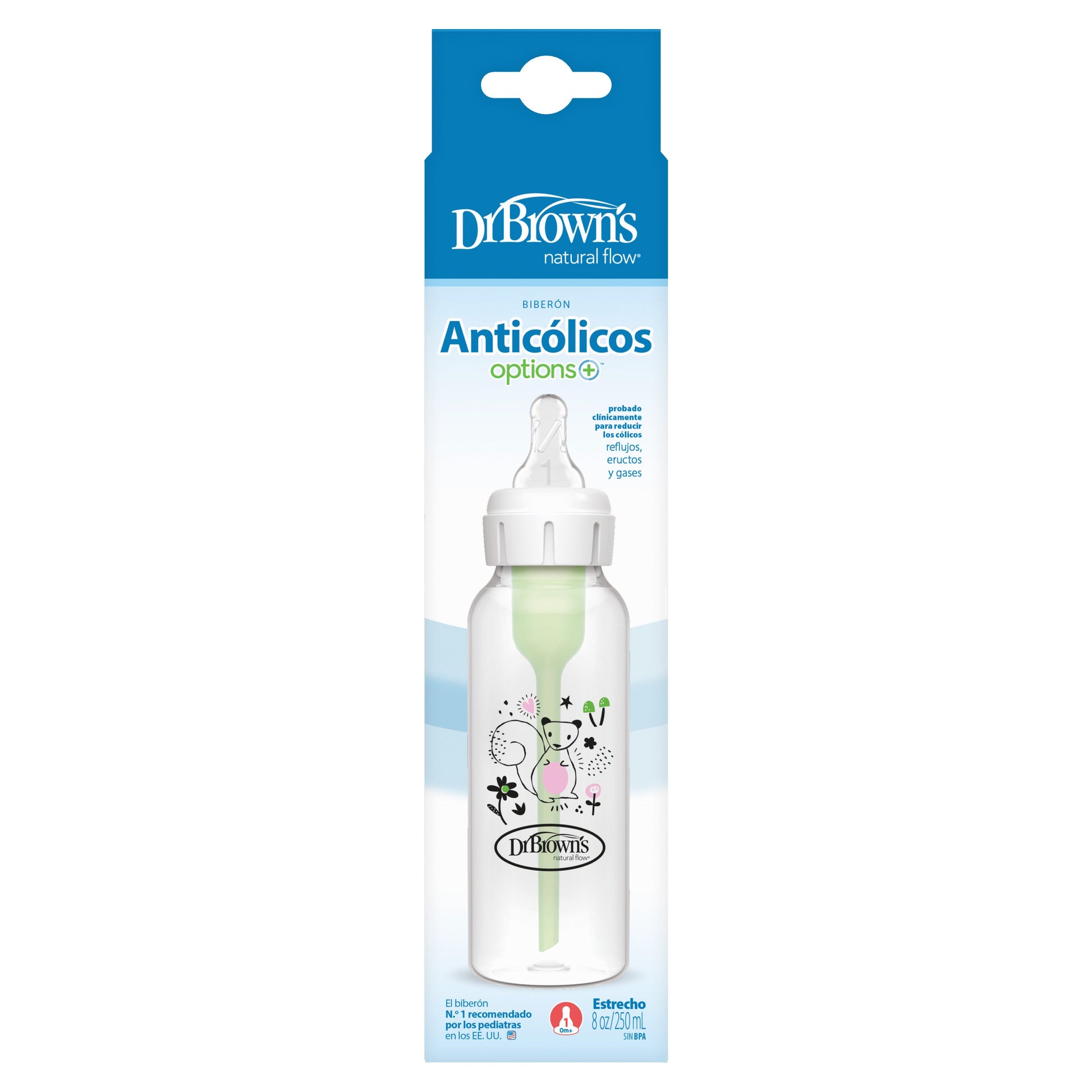 Brown's Anti-Colic Options+ Narrow Baby Bottle 250ml Single Bottle With Level 1 Slow Flow Nipple - Squirrel Design