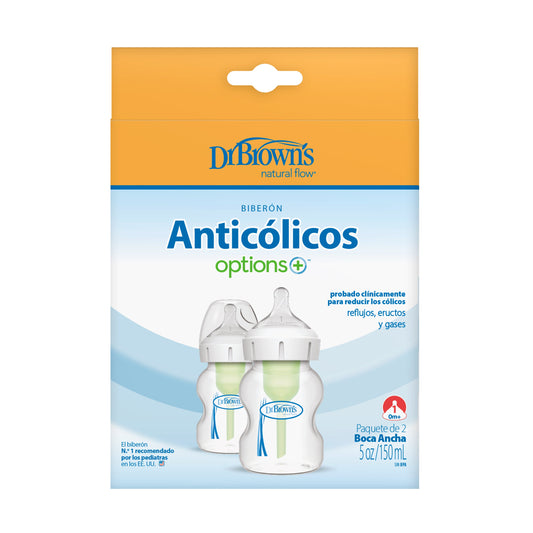 Dr Brown's Options+ Anti-Colic Wide Neck Bottle 150ml With Level 1 Teat ,Twin Pack Transparent