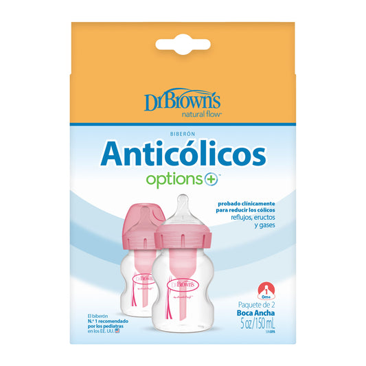 wn's Options+ Anti-Colic Wide Neck Bottle 150ml With Level 1 Teat ,Twin Pack Pink