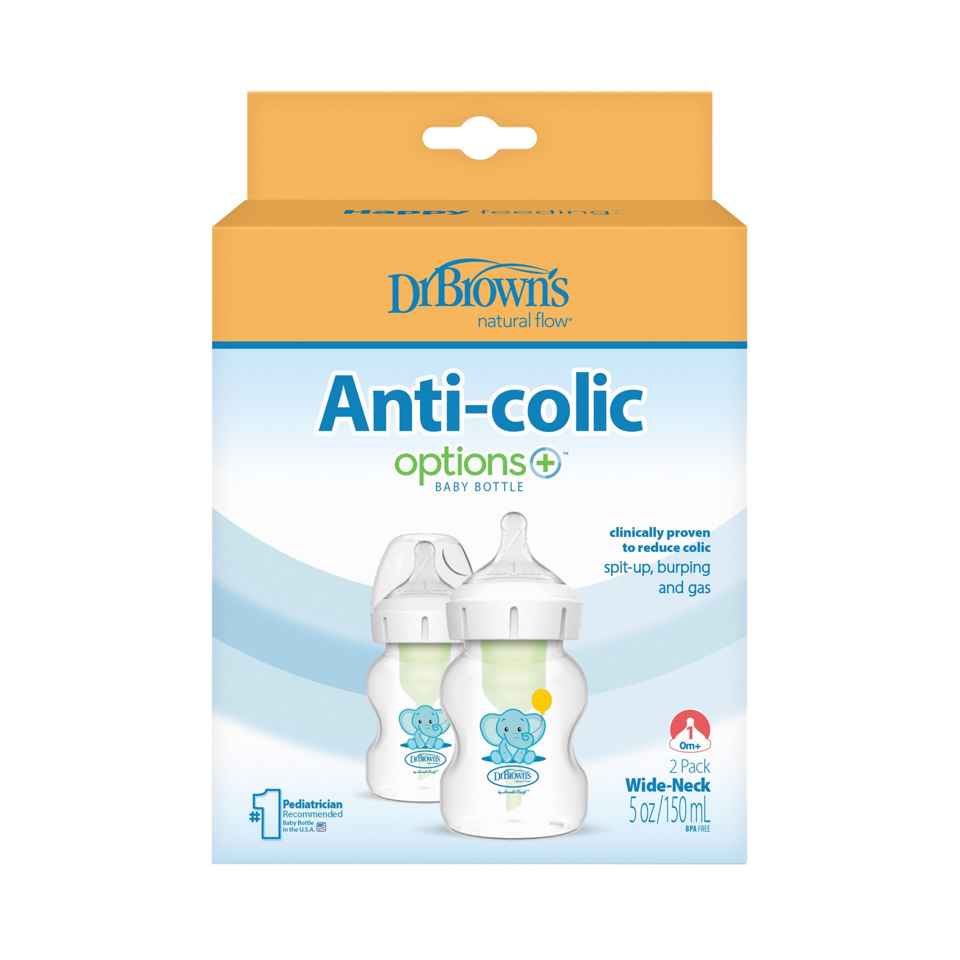 Dr Brown's Options+ Anti-Colic Wide Neck Bottle 150ml With Level 1 Teat ,Twin Pack Blue Elephant