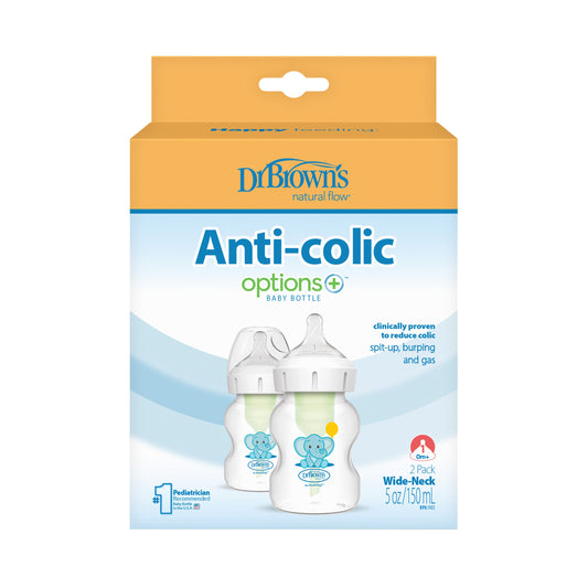 Dr Brown's Options+ Anti-Colic Wide Neck Bottle 150ml With Level 1 Teat ,Twin Pack Blue Elephant