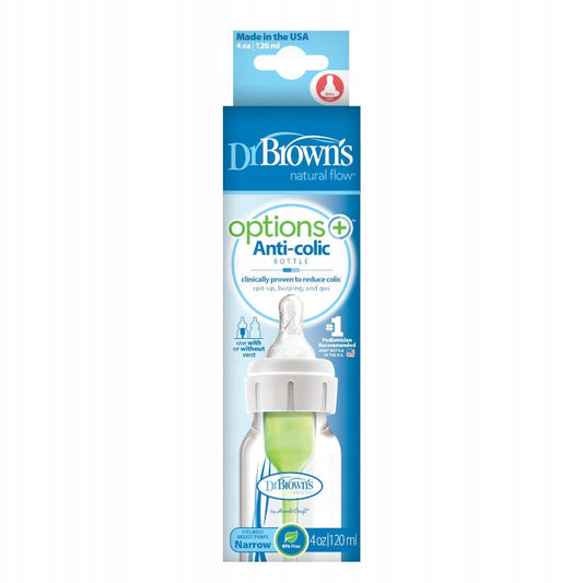 Dr. Brown’s Anti-Colic 120 ml Options+ Narrow Baby Bottle, with Level 1 Slow Flow Nipple , Single