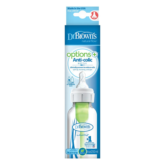 Dr. Brown’s Anti-Colic 250 ml Options+ Narrow Baby Bottle, with Level 1 Slow Flow Nipple, Single
