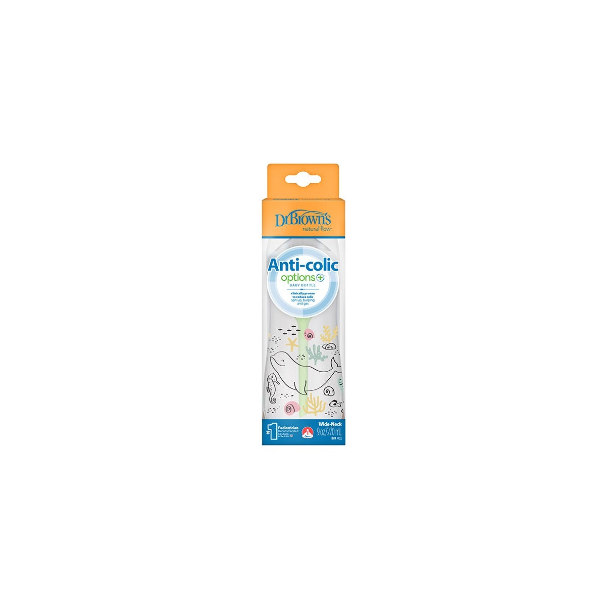 Dr.Brown’s Anti-Colic Options+ W/N Baby Bottle, 270ml With Level 1 Teat - Ocean Whale