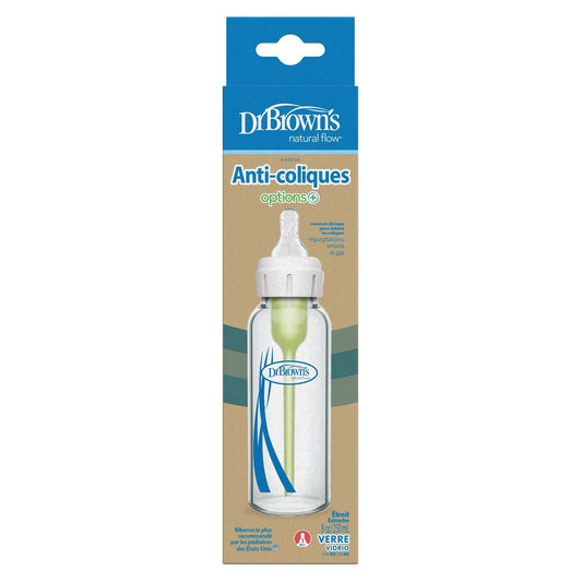 Dr. Brown's Natural Flow Anti-Colic Options+ Narrow Glass Baby Bottle 250 ML , with Level 1 Slow Flow Nipple