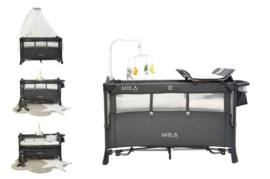 Miila Deluxe Travel Cot Foldable Playpen With Mobile Light Grey + Reva Mattress