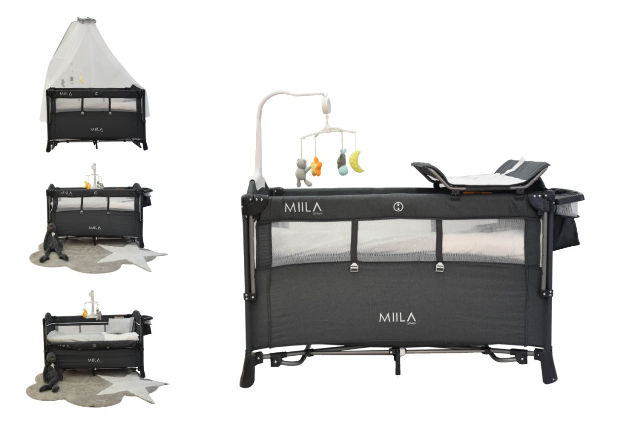 Miila Deluxe Travel Cot Foldable Playpen With Mobile Dark Grey + Reva Mattress