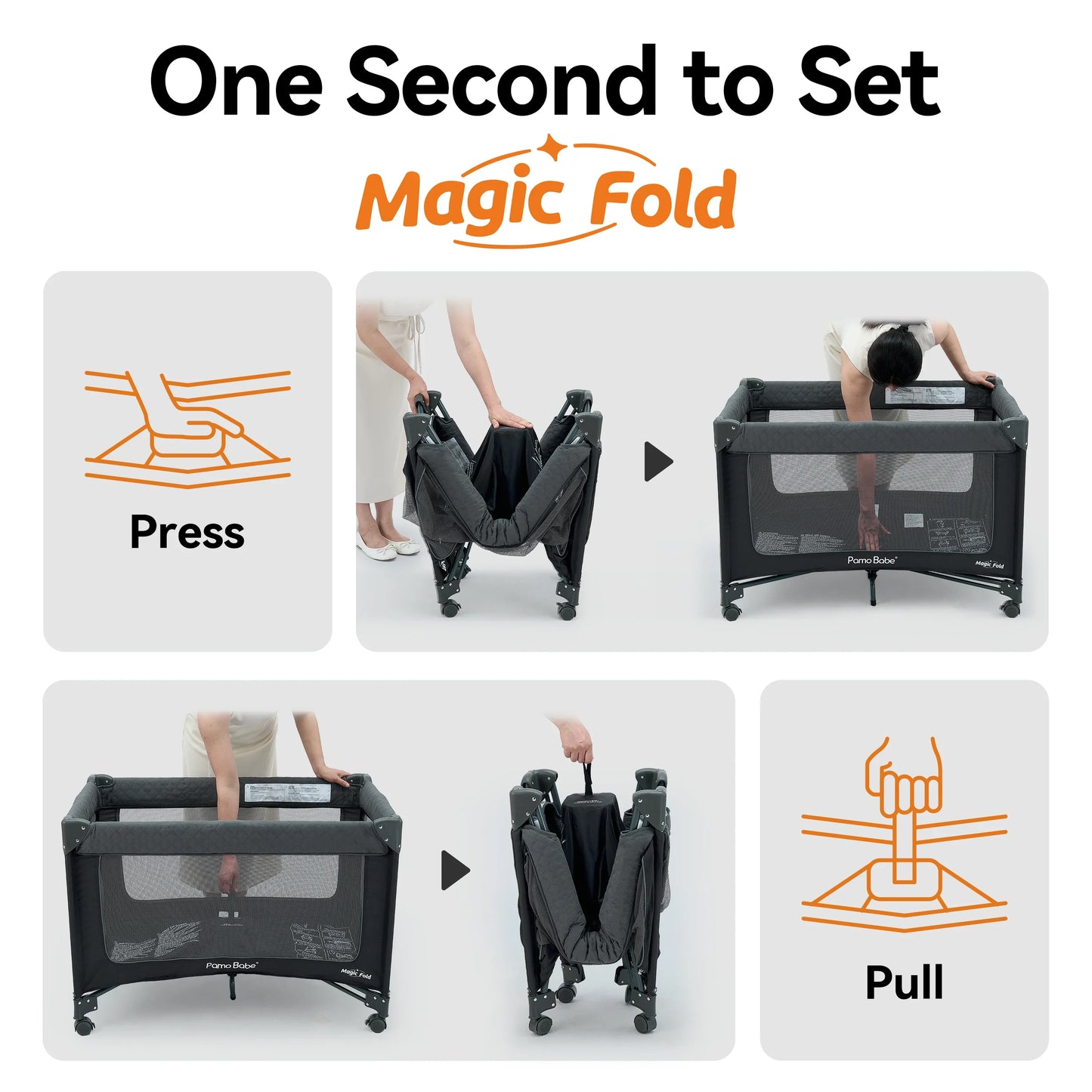 Miila - 3in1 Magic Fold Baby Playpen & Bassinet - Portable - One Hand Fold - Breathable Mesh - Dark Grey