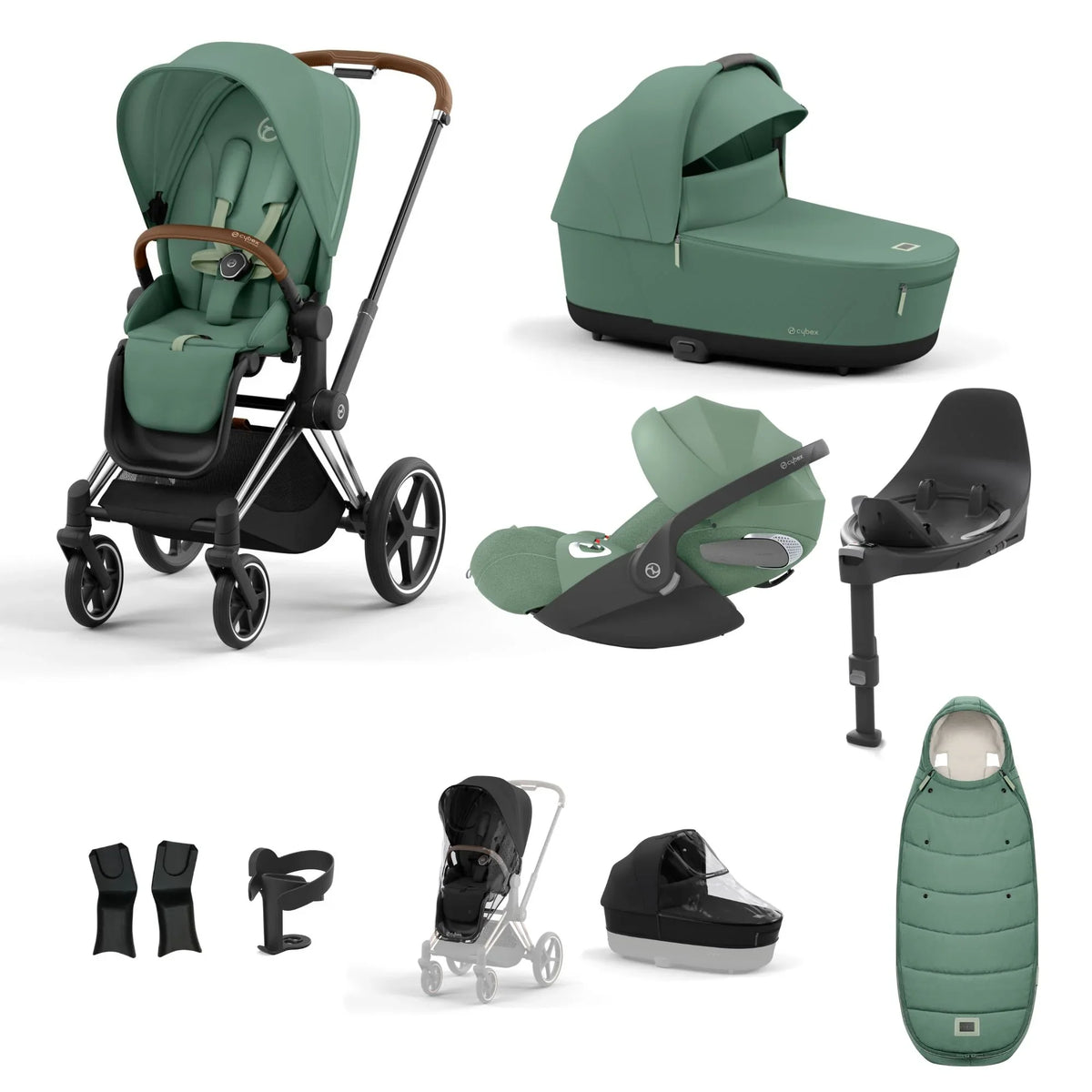 Cybex Priam Leaf Green + Cloud-T car seat (Bassinet, Base T & Adapters are optional)