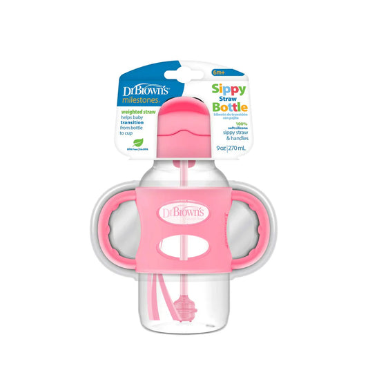 Wide Neck Sippy Straw Bottle + Handles 270 ML 6m+ , Pink