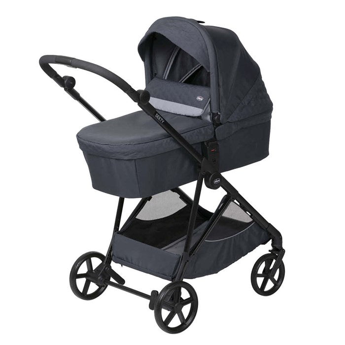 SEETY STROLLER - SEETY CARRYCOT (BOSTON GREY) - FIRST SEAT RECLINE (BLACK SATIN) - FULL 360 I-SIZE BASE