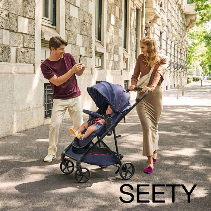SEETY STROLLER - SEETY CARRYCOT (BOSTON GREY) - FIRST SEAT RECLINE (BLACK SATIN) - FULL 360 I-SIZE BASE