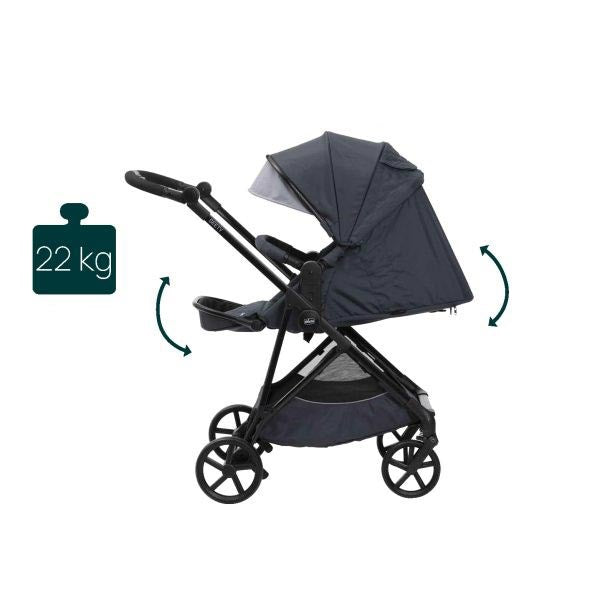 SEETY STROLLER - SEETY CARRYCOT (BOSTON GREY) - FIRST SEAT RECLINE (BLACK SATIN) - FULL 360 I-SIZE BASE